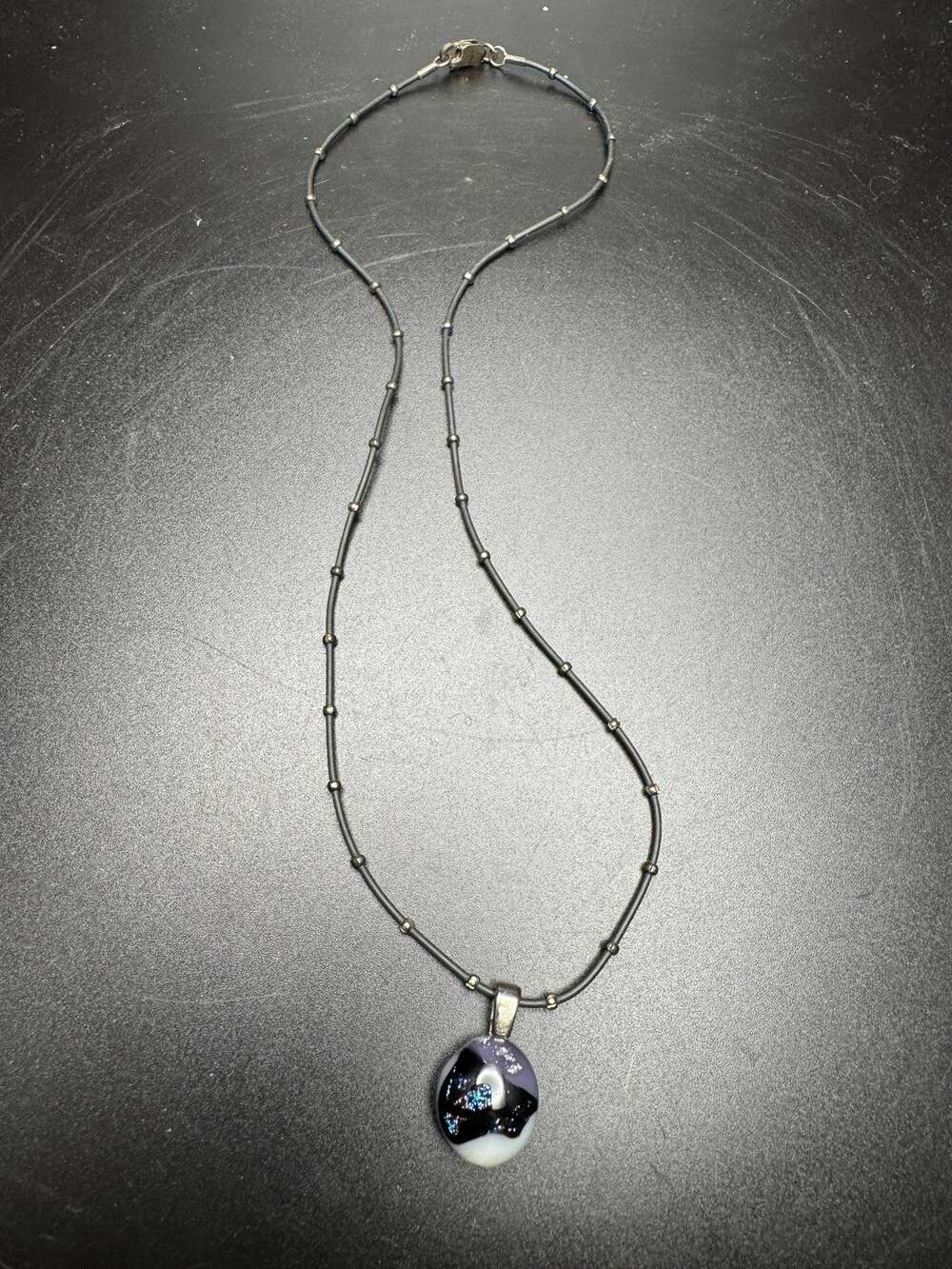 925 Sterling Silver Dichroic Glass Pendant Necklace Black Purple White Swirl